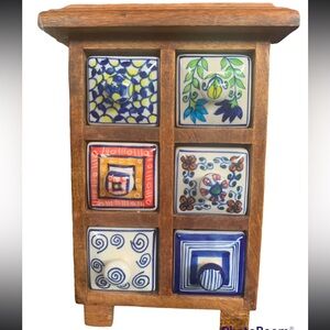 Gorgeous Anthropologie Wooden Apothecary Cabinet w 6 Handpainted Ceramic Drawers